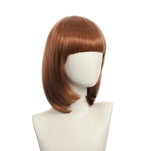 Close-up of short reddish-brown bob wig with flat bangs on a white mannequin head