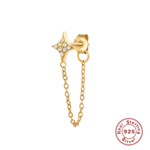 Detail of S925 sterling silver gold star earring with zircon and tassel chain link