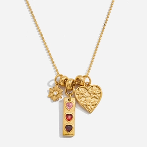 18K gold plated necklace with daisy charm, heart pendant, and colorful heart gemstones