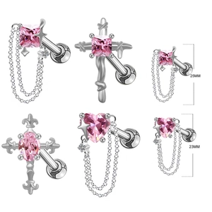 Ensemble de clous d'oreilles en acier avec croix en zircon rose et cœur de 23mm et 25mm