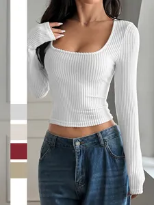 Women Sexy Square Neck Long Sleeve T-Shirt Ribbed Knit Slim Fit Solid Color Y2K Style Crop Top