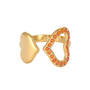 Bague ouverte en or avec cœur évidé et zircon orange serti pour un style hip-hop chic