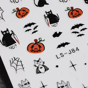 Detail view of Halloween nail stickers featuring cartoon ghosts, pumpkins and spiders LS-J84