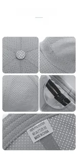 Detailed macro view of gray mesh baseball cap showing 100% polyester fabric and embroidery