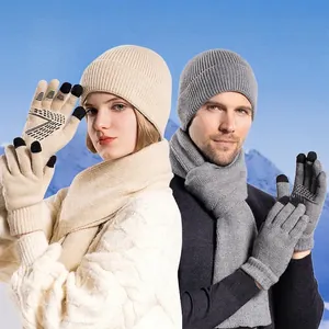 Winter Knitted Beanie Hat Scarf And Gloves Acrylic Warm Windproof Touch Screen Outdoor Riding Unisex