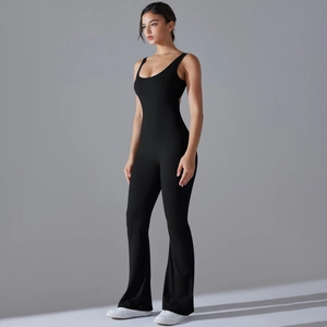 Close-up of black slimming bodysuit featuring U-neckline and flare leg for fitness
