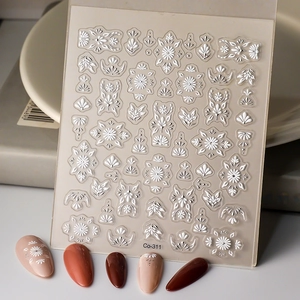 3D embossed white retro floral and daisy nail art stickers model Co-311 on manicured nails