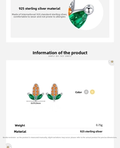 Detailed view of s925 silver corn stud earrings with green and orange cubic zirconia