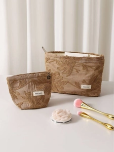 French minimalist linen cosmetic bag with floral embroidery and portable large capacity