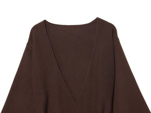 Close-up of the V-neckline and fine ribbed texture of a deep chocolate knit cardigan