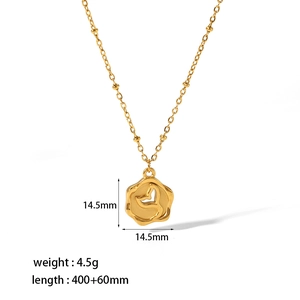 18K gold plated stainless steel mermaid tail coin necklace with measurements displayed
