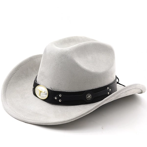 Detail of light gray felt cowboy hat with black leather band and golden bull emblem