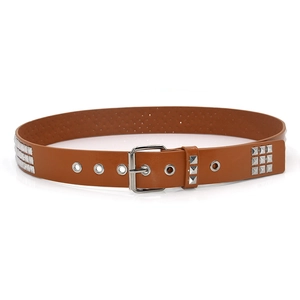 Detail of brown leather punk belt with three rows of silver square pyramid rivets