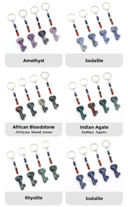 Detailed grid of natural crystal heart key pendants in amethyst and various gemstones