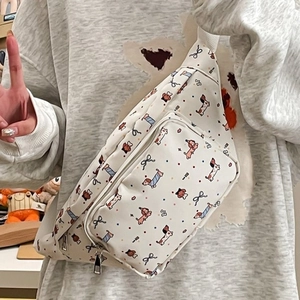Cute white dachshund print nylon chest bag for women with adjustable shoulder strap