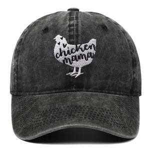 Washed black cotton baseball cap featuring embroidered chicken mama patch and retro design