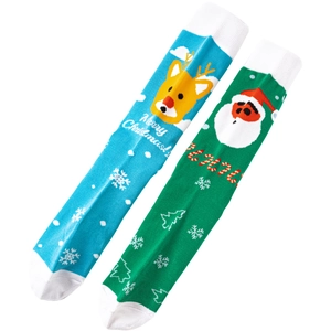 Detail of Christmas crew socks featuring Santa and reindeer patterns in blue and green