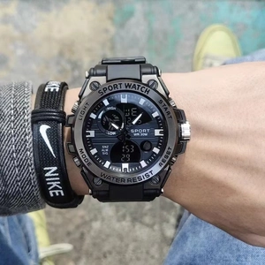 Men Outdoor Sports Watch Dual Display Waterproof Luminous Multifunctional Alarm Date Zinc Alloy Case PU Strap Student