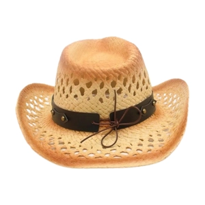 Straw cowboy sun hat with breathable hollow weave and studded leather band decor