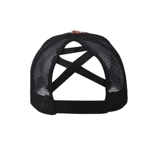 Black ponytail baseball cap with mesh fabric and criss-cross elastic back strap design