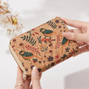 Retro Floral Bird Print Soft Cork Wallet Women Large Capacity RFID Blocking Zipper Coin Purse Artistic Card Holder