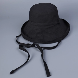 Detail of black cotton wide brim sun hat with adjustable windproof chin straps