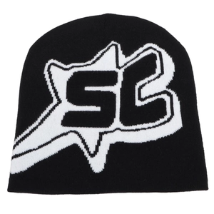 Hip hop knit beanie with black and white SC letter pattern for outdoor winter warmth