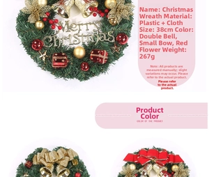 Detail of 38cm Christmas wreath with gold bells, red berries, and Merry Christmas sign