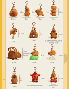 Size specifications for Capybara plush keychains showing various styles and dimensions