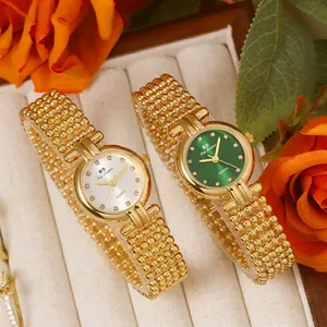 Women Elegant Quartz Watch IP Plated Alloy Round Dial Rhinestone Markers Metal Bead Chain Strap Jewelry Buckle