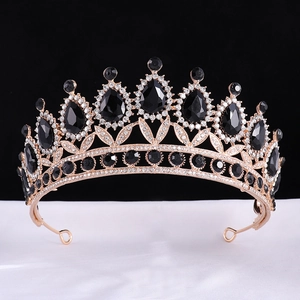 Baroque rose gold crown with black teardrop crystals and sparkling rhinestones