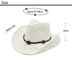 Detailed size chart showing crown height and brim width of the white straw cowboy hat