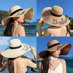 Women's Wide Brim Straw Hat Sun Protection Vacation Beach Hat With Bowknot Embroidered Letters Papyrus Sunshade Summer Hat
