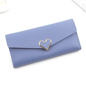 Minimalist blue heart buckle women's long wallet in lychee grain leather finish