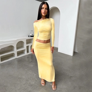 Women's 2-piece cream slim fit off-shoulder long sleeve top and high waist maxi skirt set