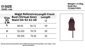 Size chart showing XS to L measurements for the backless halter top in centimeters