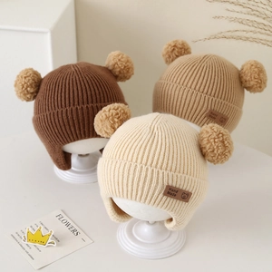 Baby Knitted Beanie Hat Winter Thickened Ear Protection Double Pom Pom Bear Ears Toddler Warm Outdoor Cartoon Patch