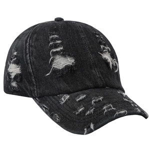 Retro washed black denim baseball cap with distressed ripped details and curved brim