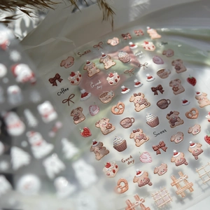 Detailed relief nail stickers featuring brown dogs, coffee cups and dessert patterns