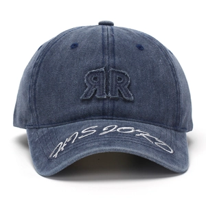 Washed denim baseball cap with double R patch and script embroidery on brim