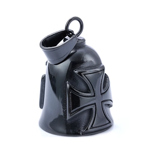 Vintage stainless steel motorcycle bell pendant with cross engraving in black finish