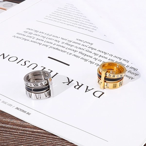 Flat lay of layered gold and silver Roman numeral rings on minimalist magazine background