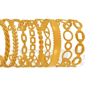 Set of 10 gold minimalist bangles featuring wheat ear patterns and geometric chain designs