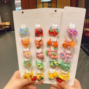 Detailed set of 5 cute resin hair ties with fruit and flower charms for girls