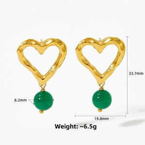 Gold-plated 18K stainless steel hollow heart earrings with hanging green agate stone beads
