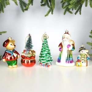 Hand-painted glass Christmas ornaments set featuring Santa, snowman, and bear charms