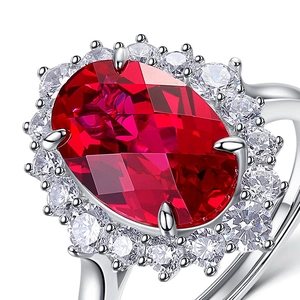 Luxury oval red ruby ring with sparkling white halo stones in S925 sterling silver