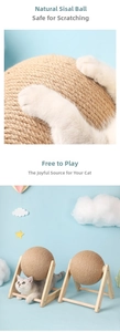 Close-up of durable natural sisal fiber ball and solid wood frame for cat scratching