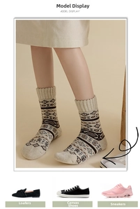 Detail of wool knit socks with vintage jacquard pattern showing shoe styling options