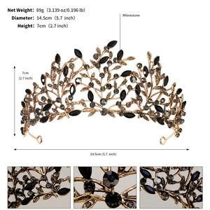 Detailed dimensions and weight specifications for the gold rhinestone crown headpiece
